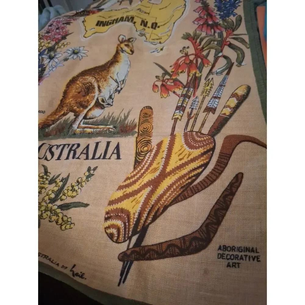 Australian, Hand Painted, Tea Towel Made In POLAND Signed Neil Pure Linen Vtg.